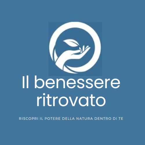 logo con sfondo azzurro con al centro un cerchio che contiene una mano con una foglia per significare la natura che c'è in te. il benessere ritrovato slogan riscopri il potere della natura che c'è in te
